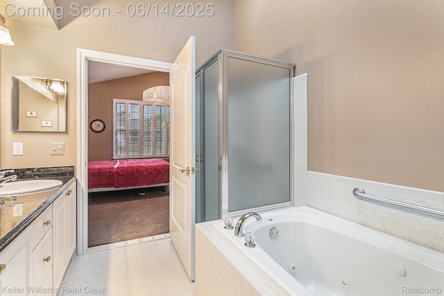 50021 Ludwig Ct, Shelby Twp, MI 48317 - bathroom featuring vanity, a jetted tub, ensuite bathroom, and a shower stall