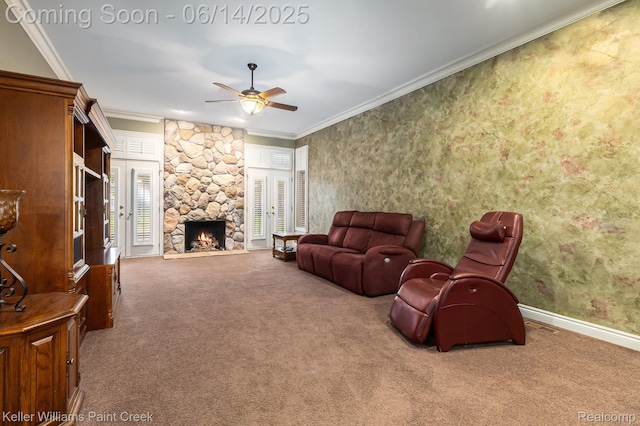 50021 Ludwig Ct, Shelby Twp, MI 48317 - living area featuring carpet, crown molding, ceiling fan, a fireplace, and baseboards