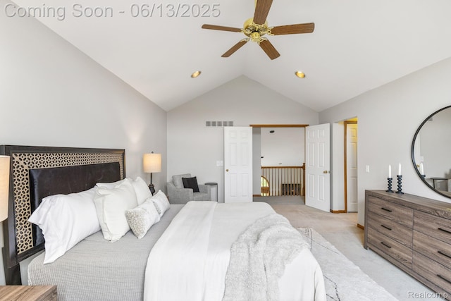 49093 Poppleton Ct, Canton, MI 48187 - bedroom with high vaulted ceiling, light carpet, a ceiling fan, and recessed lighting