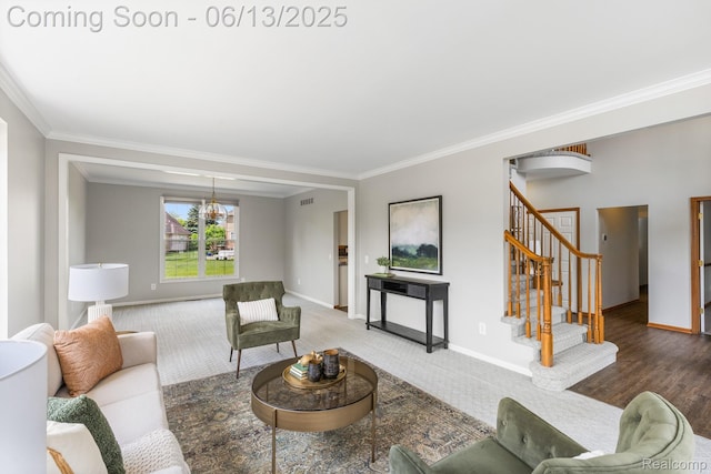 49093 Poppleton Ct, Canton, MI 48187 - living room featuring carpet flooring, ornamental molding, and stairway