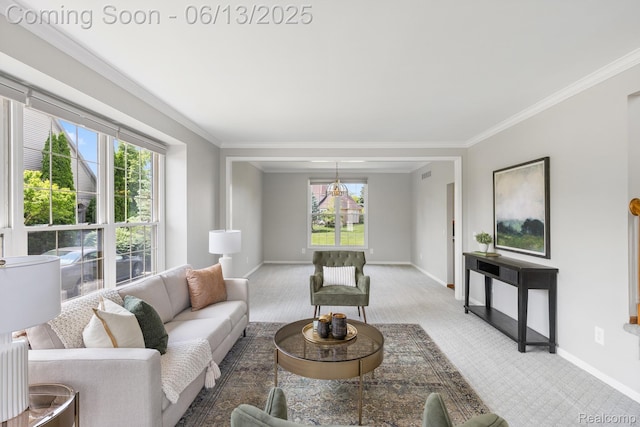 49093 Poppleton Ct, Canton, MI 48187 - living room with light carpet, crown molding, and healthy amount of natural light