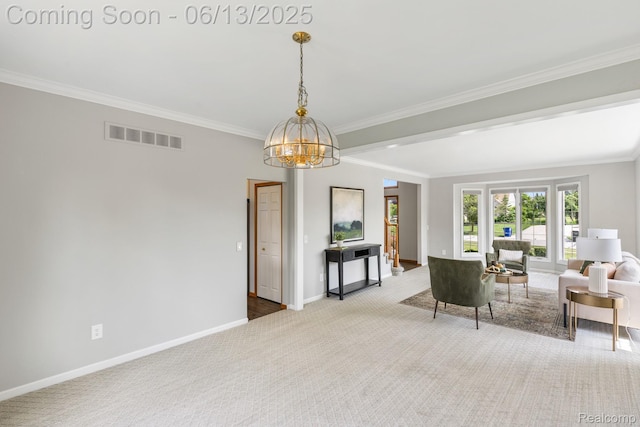 49093 Poppleton Ct, Canton, MI 48187 - carpeted living room with ornamental molding and a chandelier