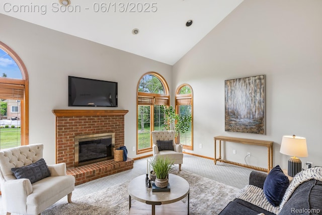 49093 Poppleton Ct, Canton, MI 48187 - living area featuring high vaulted ceiling, carpet flooring, and a brick fireplace
