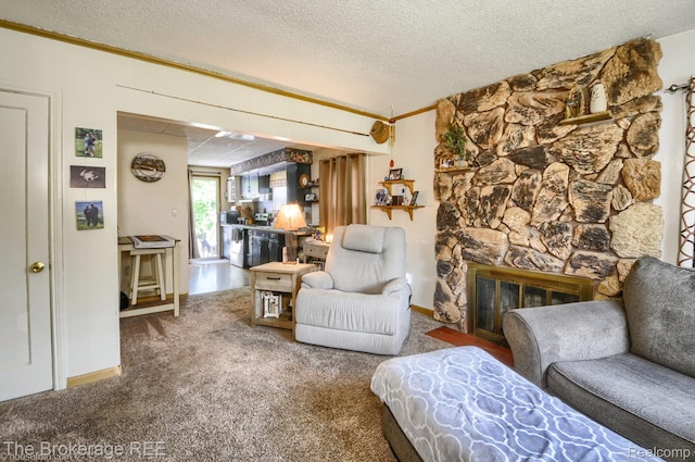 1329 Knight Ave, Flint, MI 48503 - living area featuring a textured ceiling, a fireplace, carpet floors, and crown molding