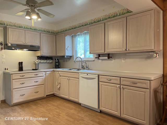 1045 N Pinecrest Ln, Grand Blanc, MI 48439 - kitchen featuring under cabinet range hood, dishwasher, a sink, black electric stovetop, and light countertops
