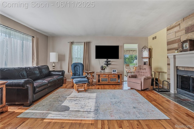 8351 Duffield Rd, Gaines, MI 48436 - living room featuring a tiled fireplace and wood finished floors