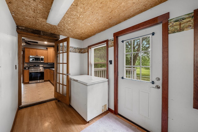 1820 E Rocky Weed Rd, Berrien Springs, MI 49103 - entryway with light wood-style floors, french doors, and ceiling fan