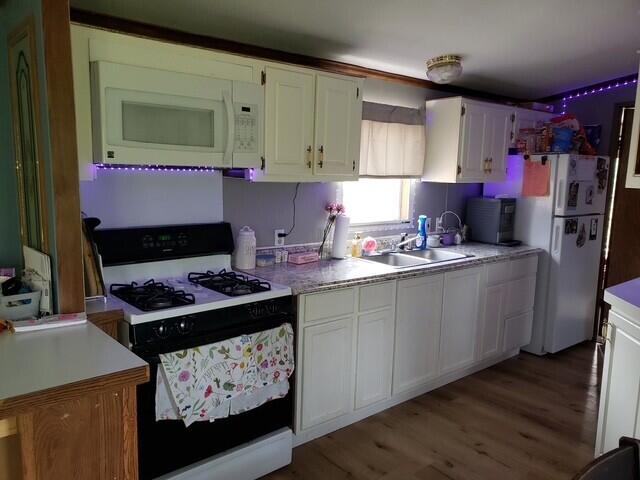 15754 N 10th Ave, Marion, MI 49665 - kitchen featuring white appliances, a sink, light countertops, and wood finished floors