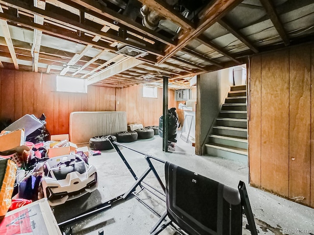 15882 Appoline St, Detroit, MI 48227 - below grade area featuring stairs and wooden walls