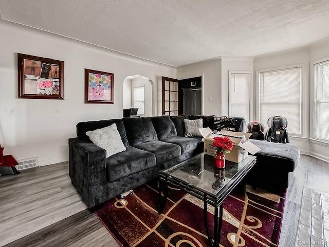 15882 Appoline St, Detroit, MI 48227 - living room featuring arched walkways, wood finished floors, and a textured ceiling