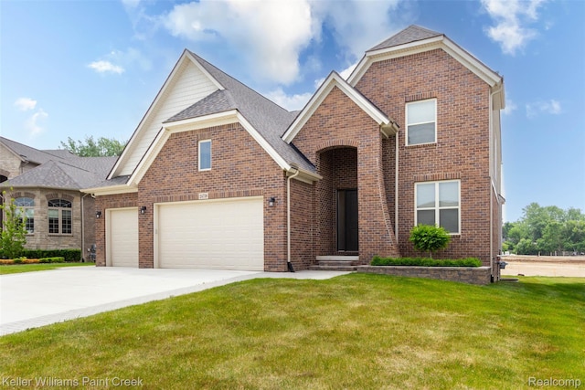 24738 Callaway Dr, Macomb, MI 48042 - traditional-style house featuring a front lawn, an attached garage, brick siding, driveway, and a shingled roof