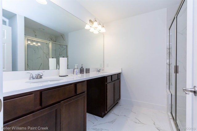 24738 Callaway Dr, Macomb, MI 48042 - bathroom featuring a marble finish shower, double vanity, and marble look tiles