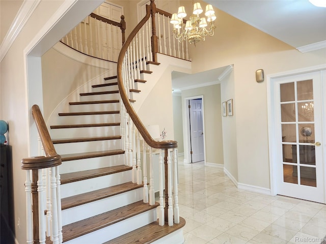 4567 Odette Ct, Troy, MI 48098 - staircase with a chandelier, crown molding, a high ceiling, and marble finish flooring