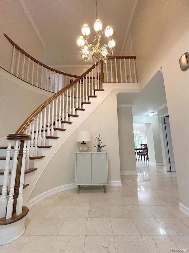4567 Odette Ct, Troy, MI 48098 - stairs featuring a chandelier, marble look tiles, ornamental molding, and a towering ceiling