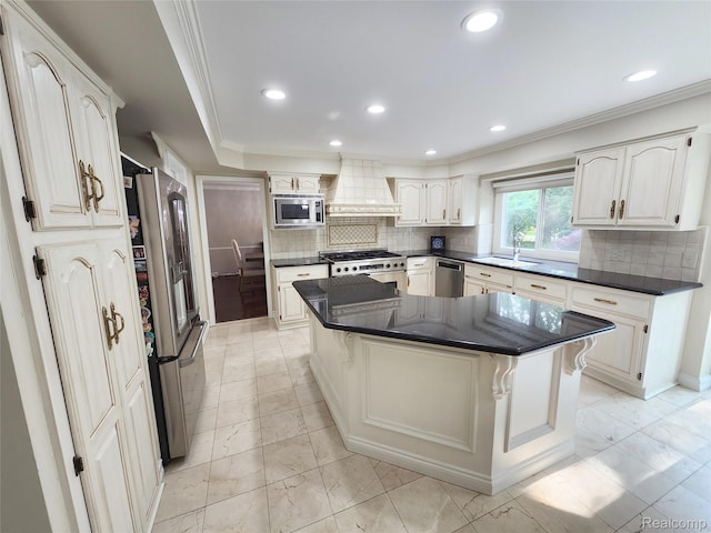 4567 Odette Ct, Troy, MI 48098 - kitchen with custom range hood, high quality appliances, light marble finish flooring, decorative backsplash, and ornamental molding