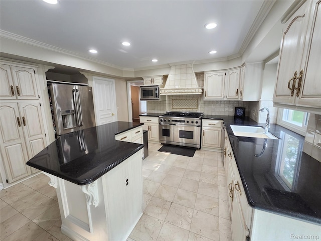 4567 Odette Ct, Troy, MI 48098 - kitchen featuring appliances with stainless steel finishes, premium range hood, backsplash, a kitchen island, and crown molding