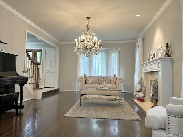 4567 Odette Ct, Troy, MI 48098 - living area featuring healthy amount of natural light, dark wood-style flooring, ornamental molding, a chandelier, and recessed lighting