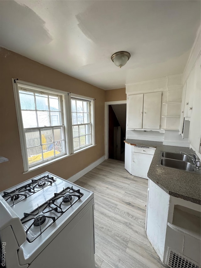 244 Nelson St, Pontiac, MI 48342 - kitchen featuring white appliances, a sink, dark countertops, white cabinetry, and light wood finished floors