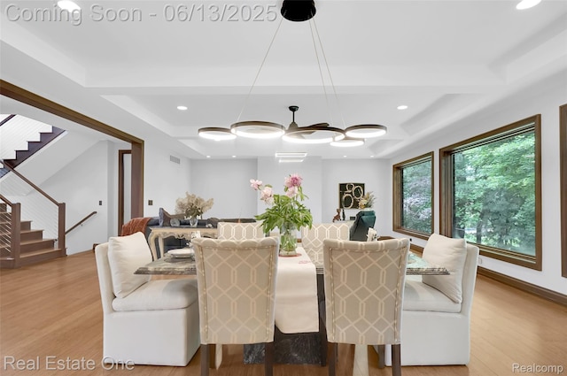 15349 Lakeside St, Plymouth, MI 48170 - dining space with stairway, light wood-style flooring, recessed lighting, and coffered ceiling