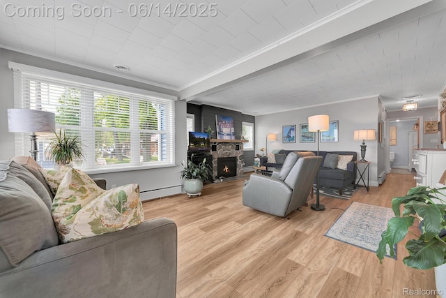2968 Wolverine Rd, East Tawas, MI 48730 - living room featuring crown molding, a fireplace, light wood-type flooring, and a baseboard radiator