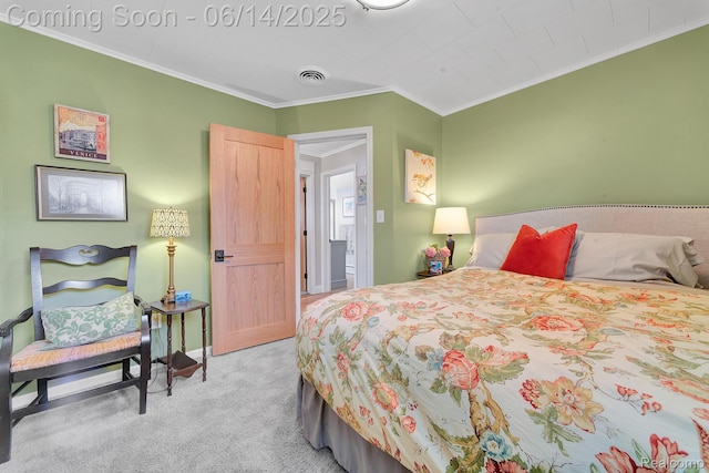 2968 Wolverine Rd, East Tawas, MI 48730 - bedroom featuring light colored carpet and crown molding