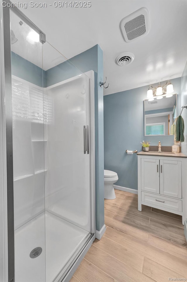 2968 Wolverine Rd, East Tawas, MI 48730 - full bathroom with a shower stall, vanity, and wood finished floors