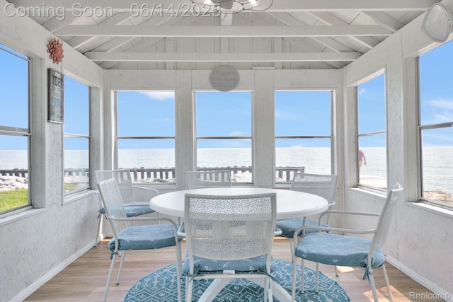 2968 Wolverine Rd, East Tawas, MI 48730 - sunroom / solarium with a water view, wood finished floors, plenty of natural light, and wood ceiling