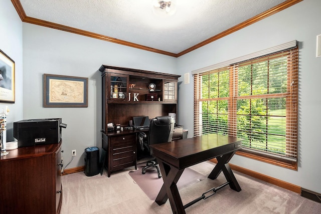 6526 Ada Dr SE, Ada, MI 49301 - office with light carpet, baseboards, ornamental molding, and a textured ceiling