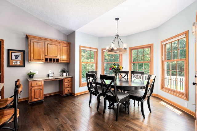 6526 Ada Dr SE, Ada, MI 49301 - dining space with dark wood finished floors, vaulted ceiling, baseboards, and a textured ceiling