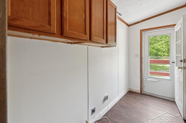 3251 W Dana Rd, Coleman, MI 48618 - laundry room featuring hookup for an electric dryer, cabinet space, ornamental molding, light wood-type flooring, and a textured ceiling