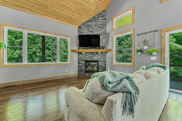 9725 Green Briar Rd, Lake Ann, MI 49650 - living room featuring high vaulted ceiling, wood ceiling, a fireplace, and wood-type flooring