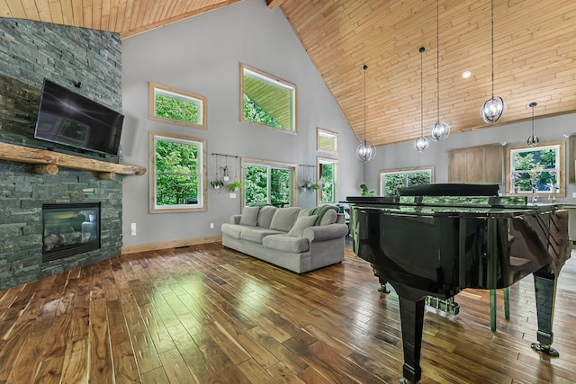 9725 Green Briar Rd, Lake Ann, MI 49650 - living area with high vaulted ceiling, wood ceiling, a fireplace, and wood-type flooring