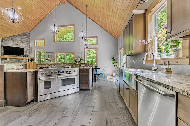 9725 Green Briar Rd, Lake Ann, MI 49650 - kitchen with appliances with stainless steel finishes, wood ceiling, light stone counters, high vaulted ceiling, and pendant lighting