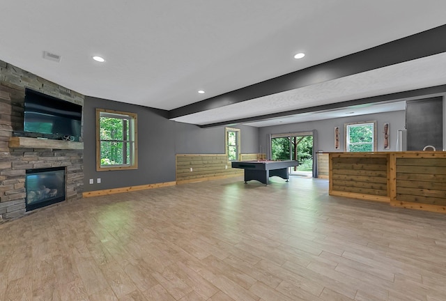 9725 Green Briar Rd, Lake Ann, MI 49650 - living room with billiards table, a fireplace, light wood-type flooring, recessed lighting, and healthy amount of natural light