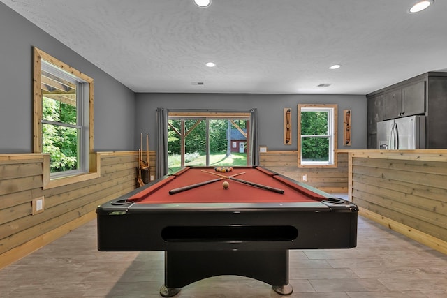 9725 Green Briar Rd, Lake Ann, MI 49650 - rec room featuring wooden walls, pool table, a wainscoted wall, and recessed lighting