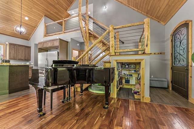 9725 Green Briar Rd, Lake Ann, MI 49650 - foyer entrance featuring wooden ceiling, high vaulted ceiling, wood finished floors, stairway, and recessed lighting