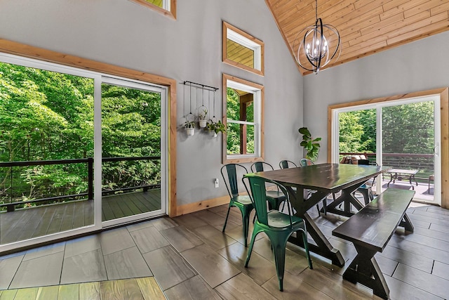 9725 Green Briar Rd, Lake Ann, MI 49650 - dining area featuring wooden ceiling, a chandelier, and high vaulted ceiling