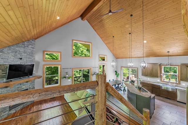 9725 Green Briar Rd, Lake Ann, MI 49650 - kitchen with a wood ceiling with exposed beams, high vaulted ceiling, ceiling fan, pendant lighting, and light wood finished floors