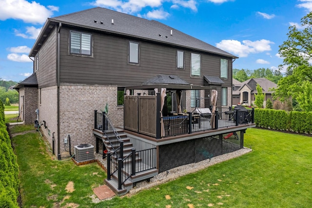 55135 Hanford Ct, Utica, MI 48316 - rear view of house featuring stairway, a deck, a yard, brick siding, and central air condition unit