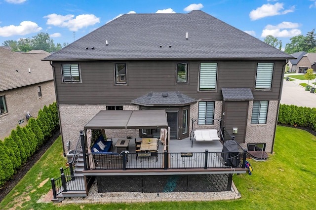 55135 Hanford Ct, Utica, MI 48316 - back of property featuring outdoor lounge area, brick siding, and a wooden deck