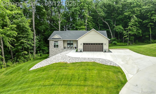 10327 9 Mile Rd, Whitmore Lake, MI 48189 - ranch-style home featuring driveway, stone siding, a front lawn, and an attached garage