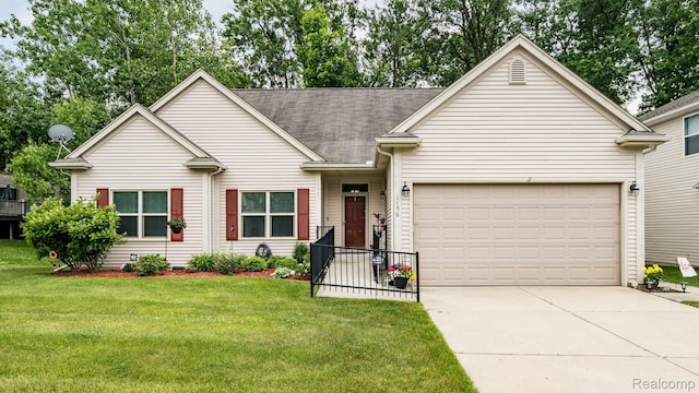 1156 Fairway Dr, Pontiac, MI 48340 - view of front of house with an attached garage, concrete driveway, a front yard, and a shingled roof