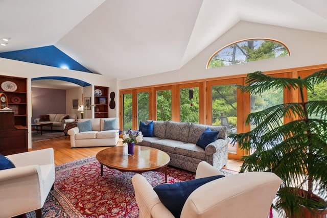 3377 Timberwood Ln, Ann Arbor, MI 48103 - living room with high vaulted ceiling, wood finished floors, arched walkways, and built in shelves
