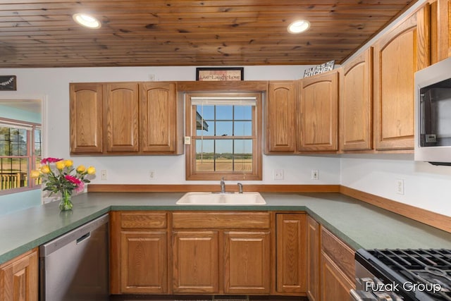 3882 40th St, Hamilton, MI 49419 - kitchen featuring stainless steel dishwasher, a sink, wooden ceiling, and recessed lighting