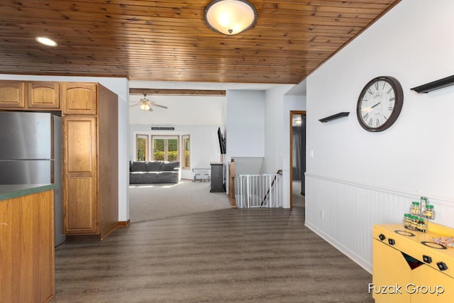 3882 40th St, Hamilton, MI 49419 - hallway featuring an upstairs landing, wood ceiling, dark wood finished floors, and wainscoting