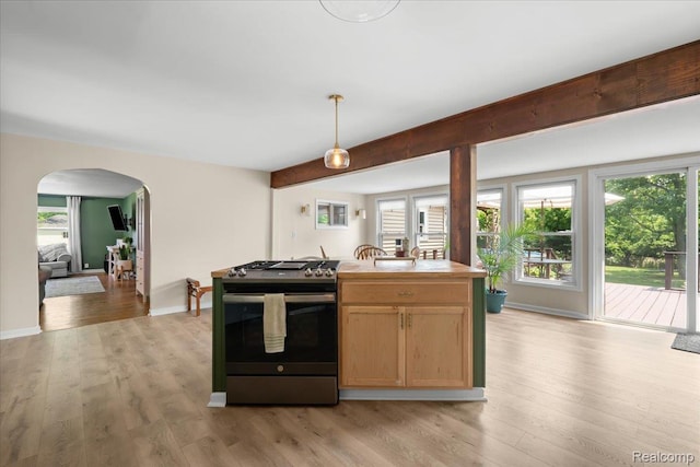 7569 S Durand Rd, Durand, MI 48429 - kitchen featuring gas stove, arched walkways, healthy amount of natural light, and light wood-style floors