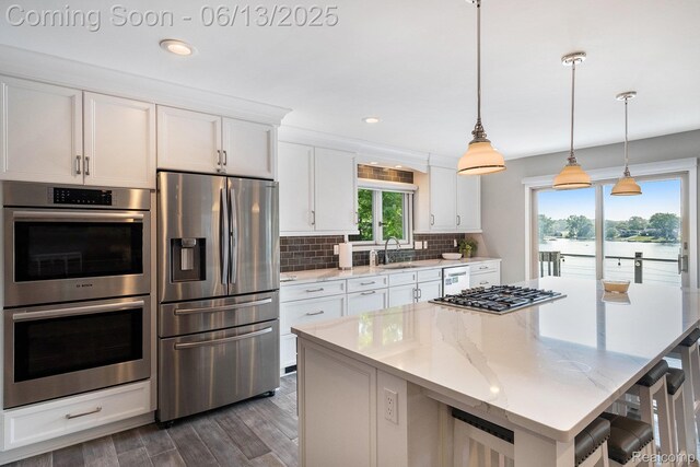 16039 Knobhill Dr, Argentine, MI 48451 - kitchen featuring stainless steel appliances, a sink, white cabinetry, dark wood-style floors, and recessed lighting