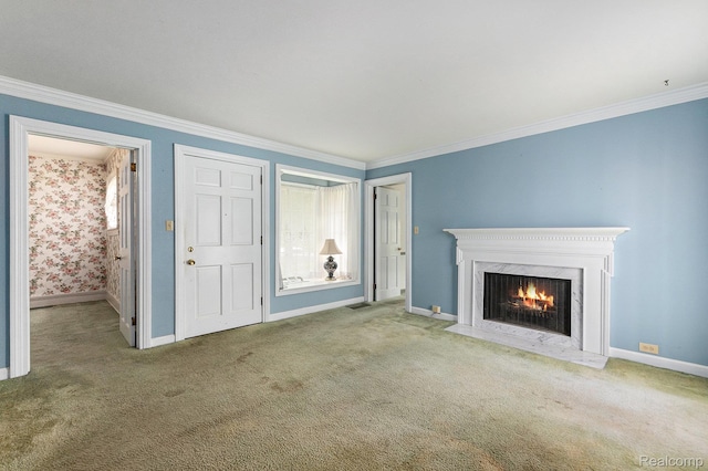 1111 W Park St, Lapeer, MI 48446 - unfurnished living room featuring carpet flooring, crown molding, a premium fireplace, and baseboards