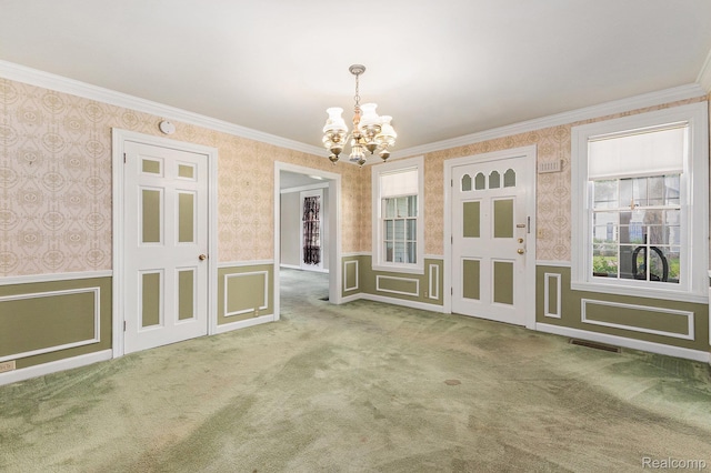 1111 W Park St, Lapeer, MI 48446 - unfurnished dining area featuring a chandelier, wallpapered walls, wainscoting, crown molding, and carpet floors
