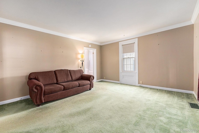 1111 W Park St, Lapeer, MI 48446 - living room featuring baseboards, light carpet, and crown molding